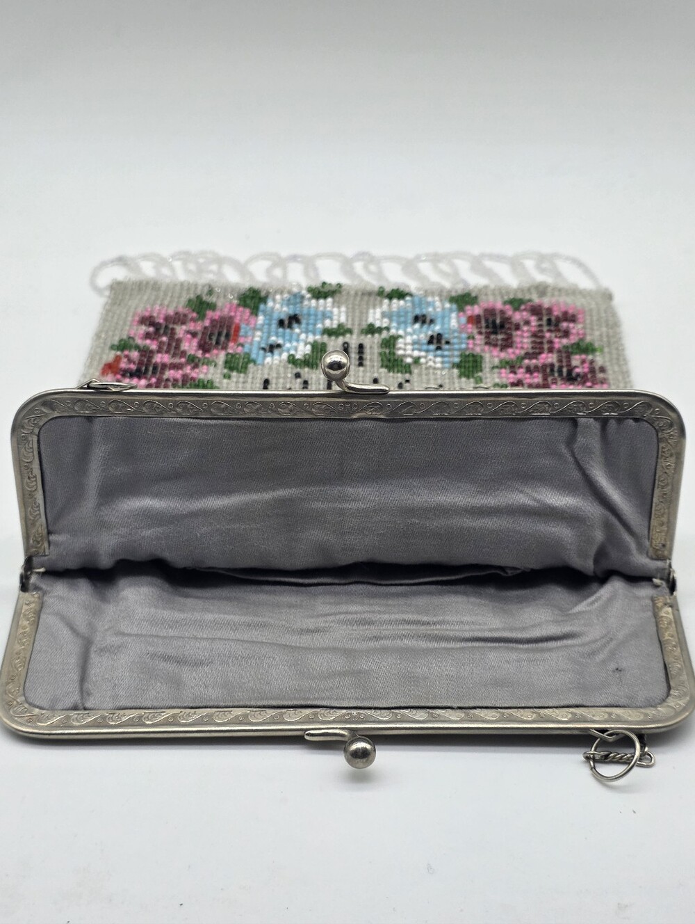 Antique Edwardian Micro Beaded Purse 1910s Floral Glass Seed Bead Evening Bag - Picture 6 of 16